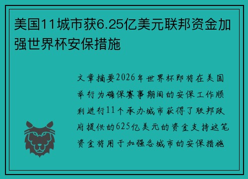 美国11城市获6.25亿美元联邦资金加强世界杯安保措施